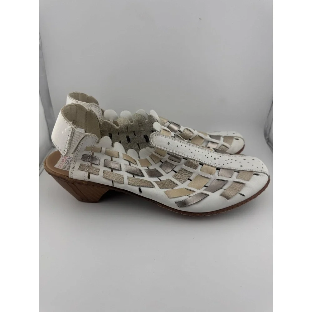 Rieker Antistress Sina Woven Leather Slingback Sandals White Gold Silver‎ EU 41